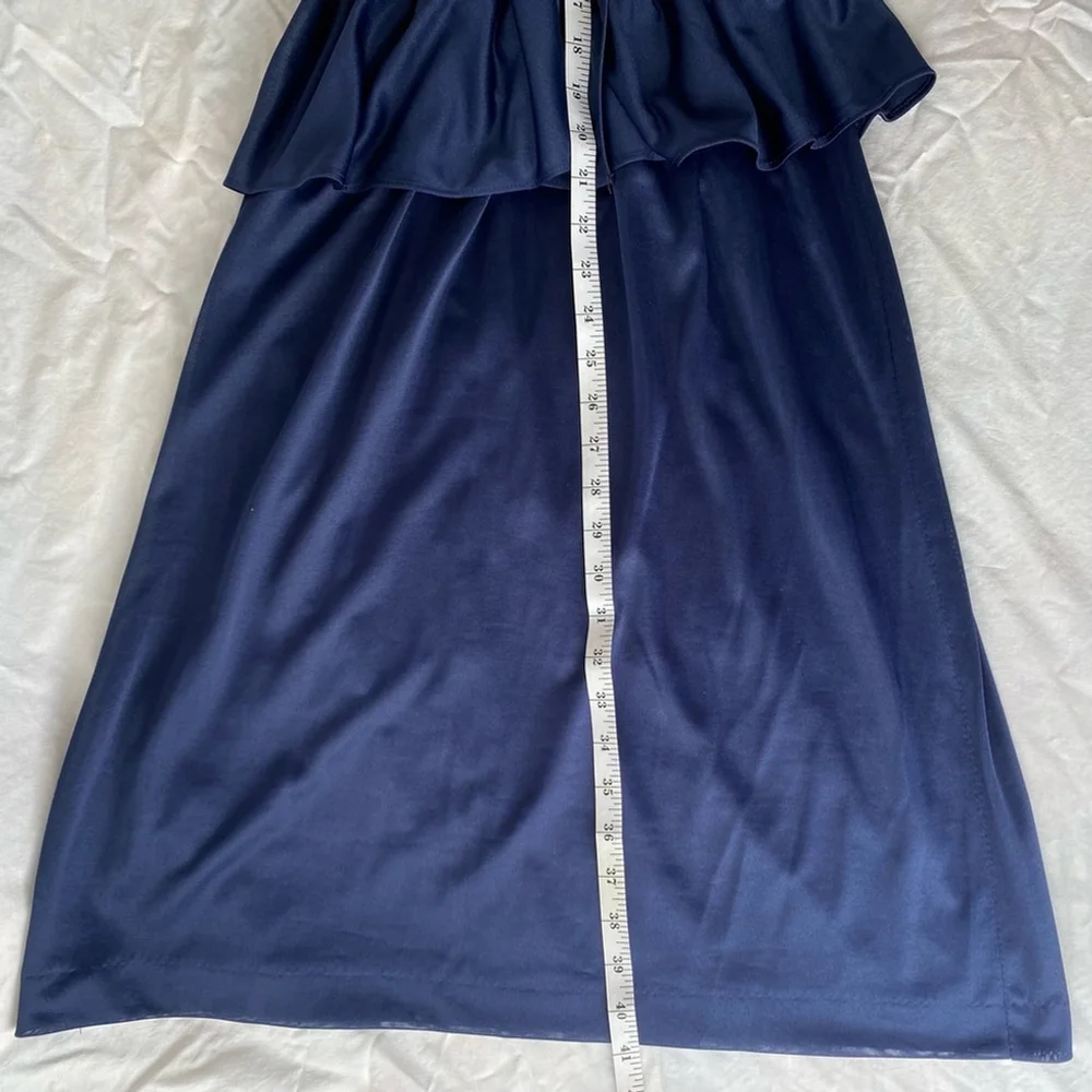 Vintage Sally Lou Colorblock Peplum Dress | Navy & Ivory Chiffon | 80s Midi | SM - Picture 7 of 11
